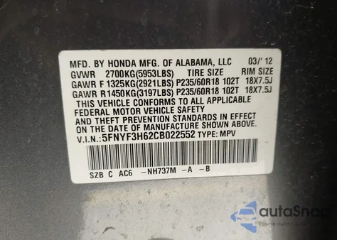 2012 Honda Pilot Ex-L z USA, uszkodzony, nr VIN 5FNYF3H62CB022552